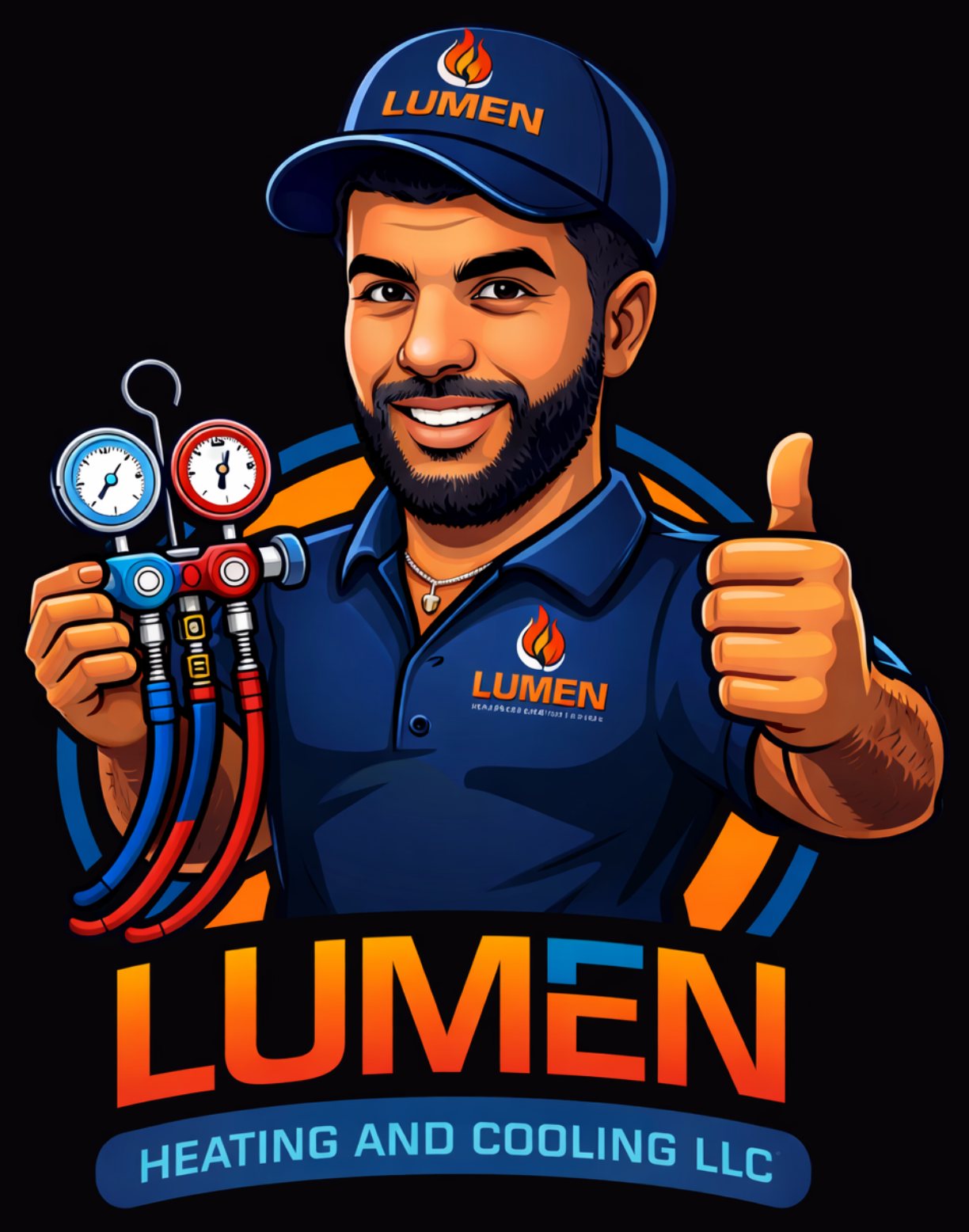 Lumen Heating and Cooling technician mascot holding HVAC gauges and giving a thumbs up