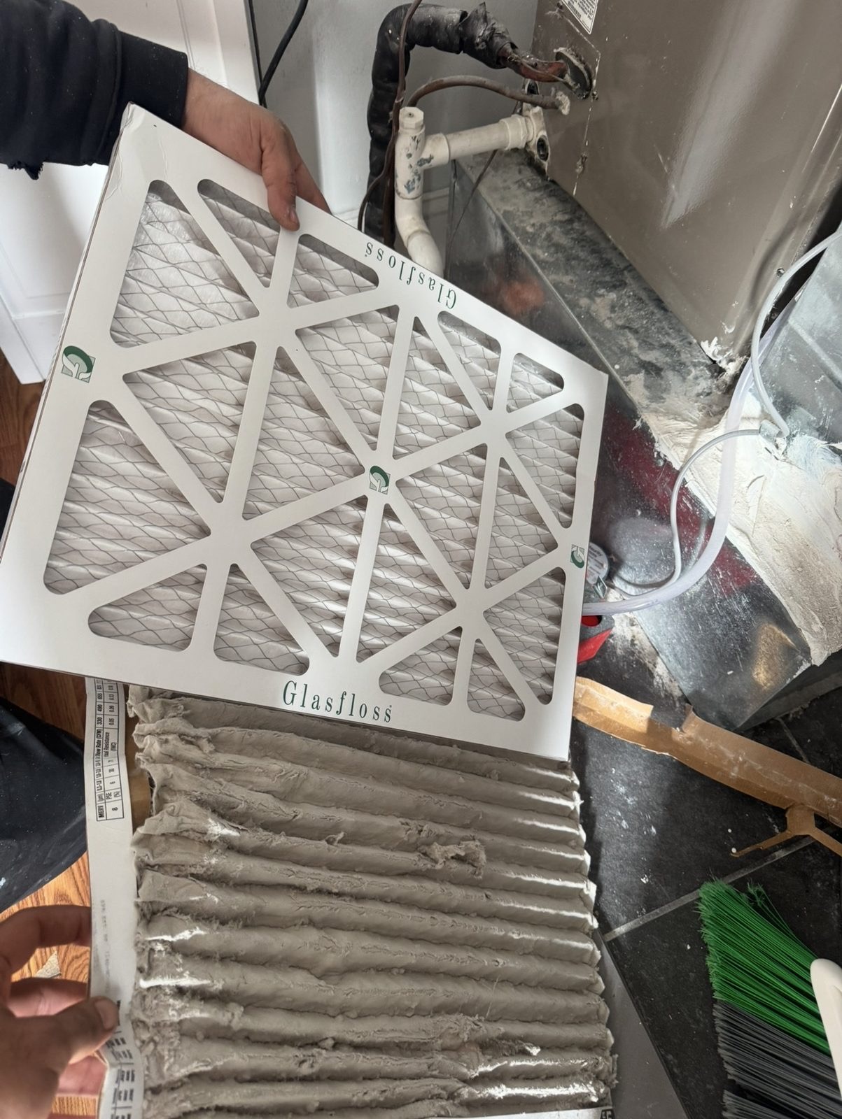 Clean versus dirty HVAC air filter comparison from a Lumen Heating and Cooling maintenance visit